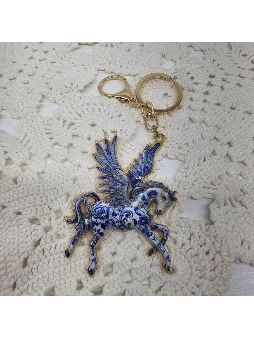 Chinoiserie Pegasus Bag Charm Blue & White Floral Enamel-Like Horse Keychain...